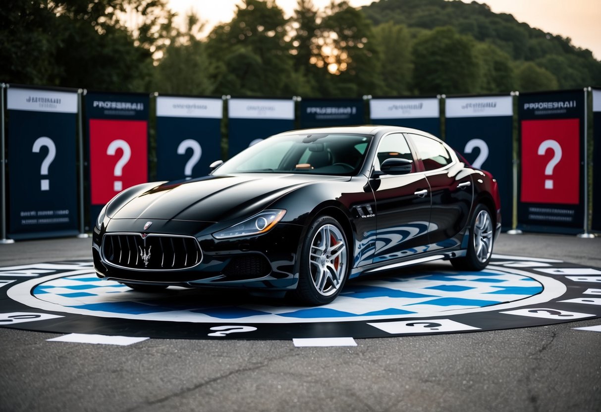 A sleek Maserati surrounded by question marks and promotional banners