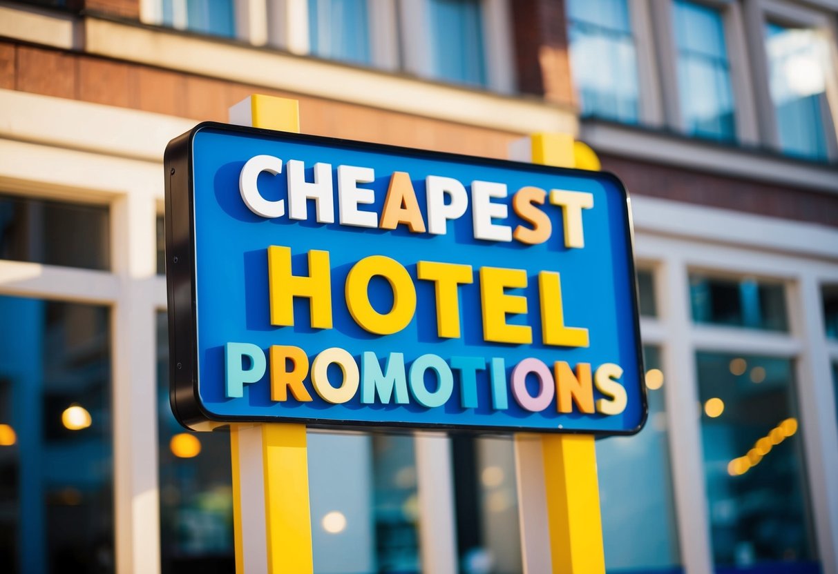 A colorful signboard outside a hotel, with the words "Cheapest Hotel Promotions" displayed prominently