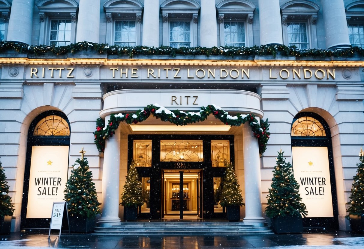 The grand entrance of The Ritz London, adorned with festive decorations and a sign advertising the "Winter Sale" with snow falling gently around the elegant building