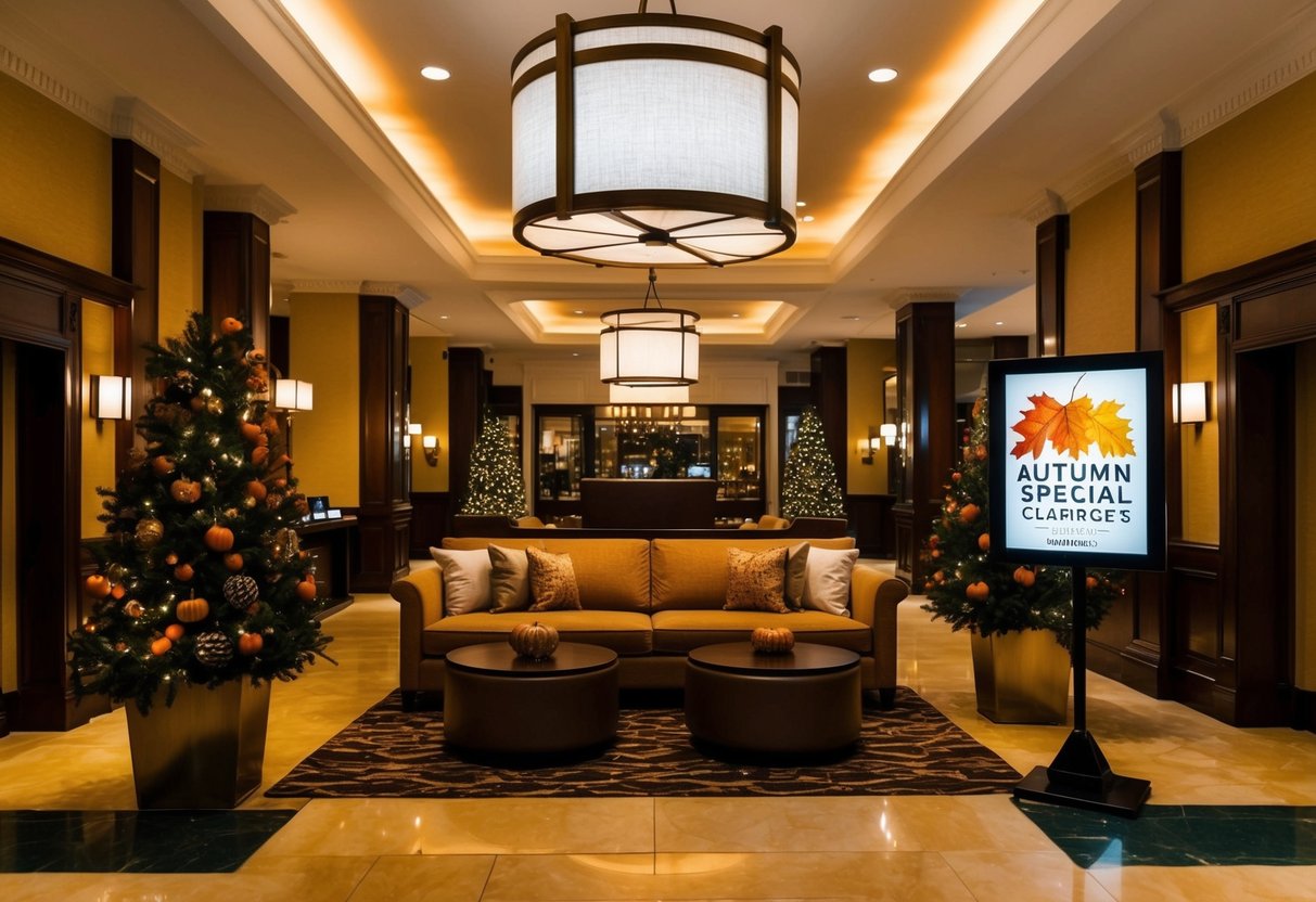 A cozy hotel lobby with fall decorations, warm lighting, and a sign advertising the "Autumn Special at Claridge's."
