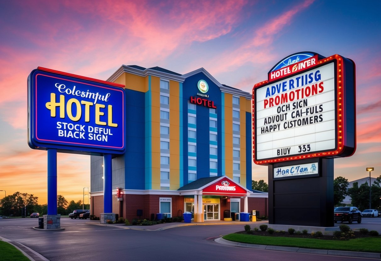 A colorful hotel building with a large sign advertising promotions. Bright lights and happy customers