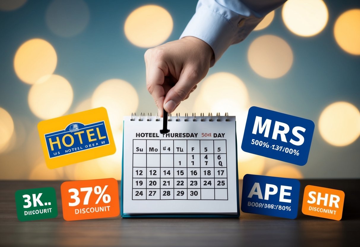 A calendar with a hand circling a date. Various hotel logos and discount symbols surrounding it