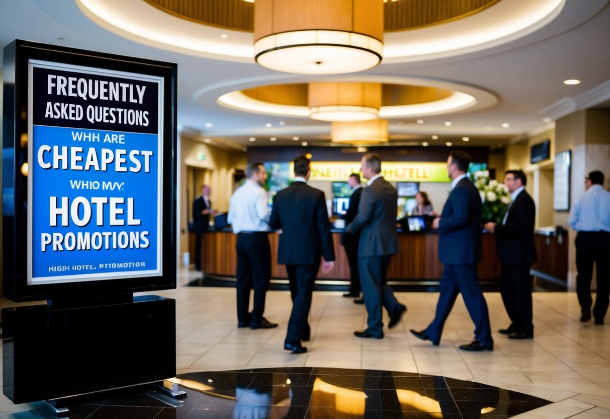 A bustling hotel lobby with a sign advertising "Frequently Asked Questions" and "Cheapest Hotel Promotions" displayed prominently. Guests and staff interact in the background