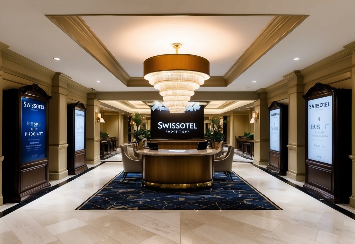 A luxurious hotel lobby with elegant decor and a prominent display of swissotel promotions