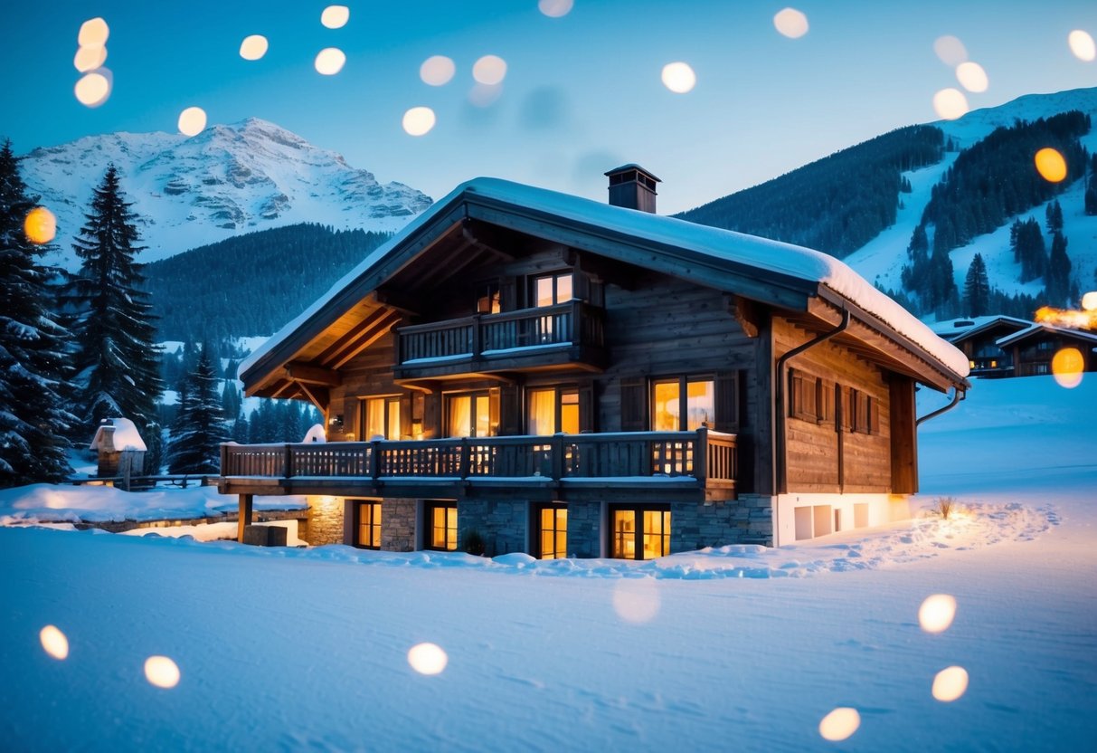 A cozy chalet nestled in a snowy mountain landscape, with a warm fire burning inside and twinkling lights adorning the exterior