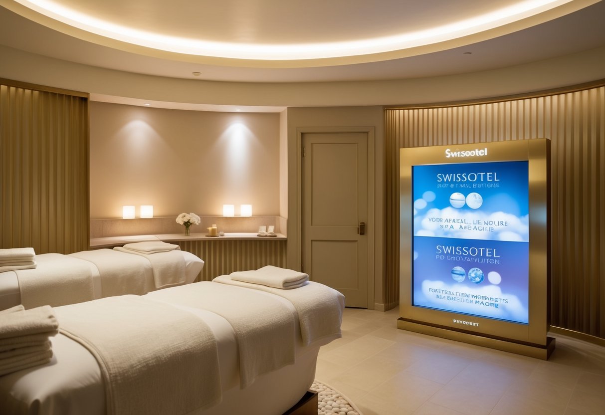 A serene spa room with soft lighting, plush robes, and calming music. A display of Swissotel promotions for luxurious spa packages