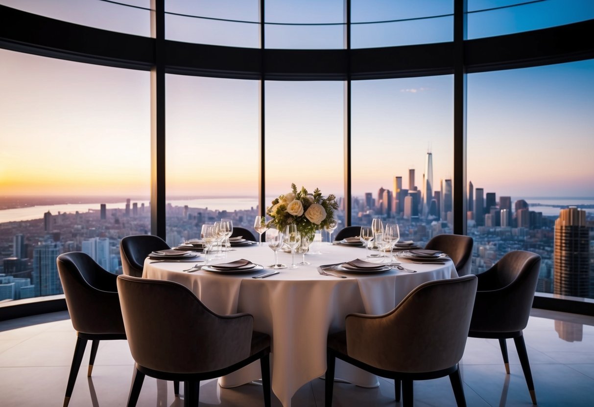 A luxurious dining room with elegant table settings and a stunning view of the city skyline