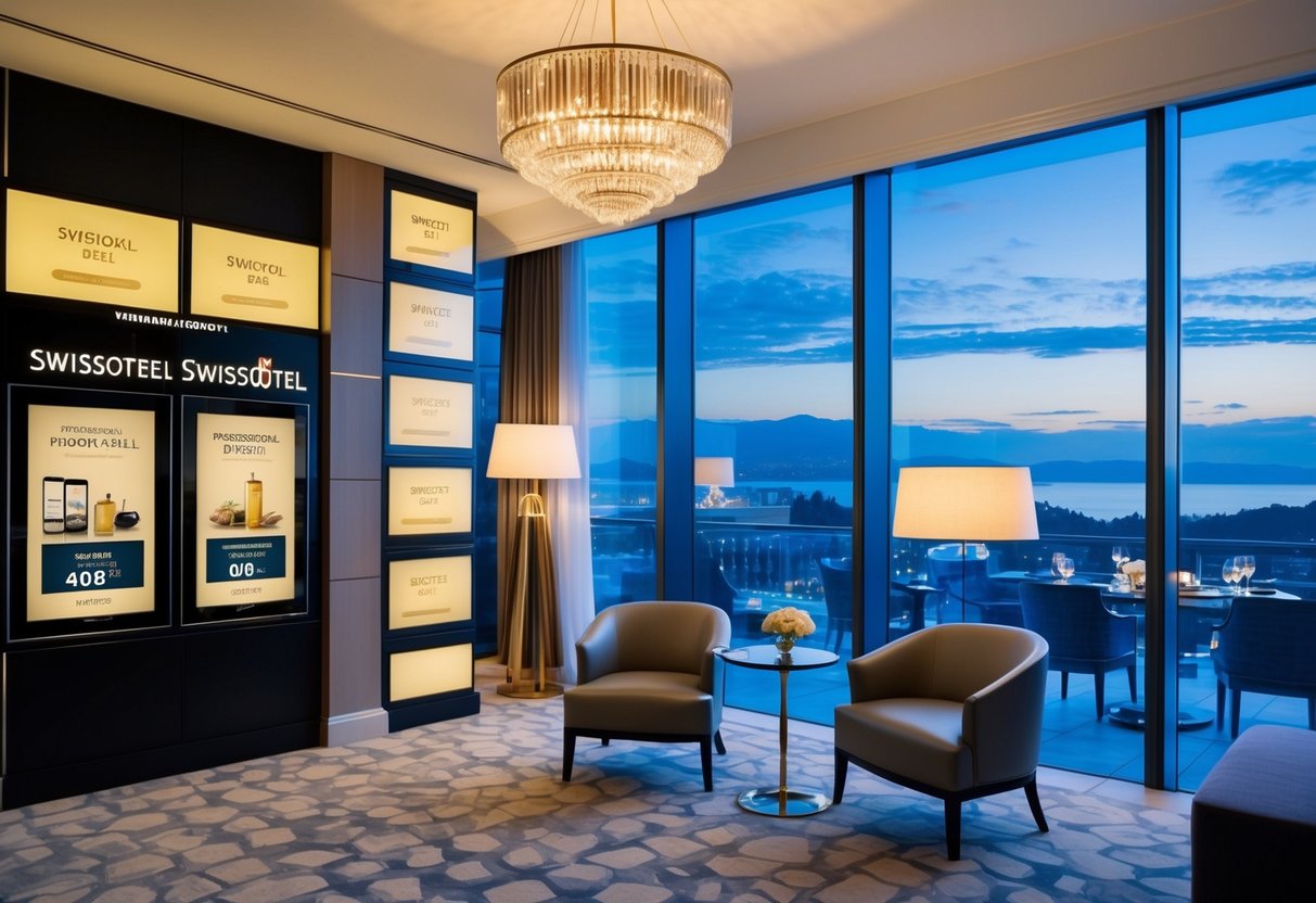 A luxurious Swissotel with a stunning view, elegant decor, and promotional offers displayed