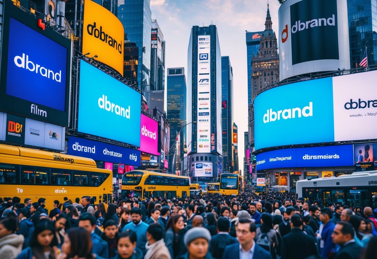 A vibrant cityscape with dbrand logos displayed on billboards, buses, and storefronts, surrounded by bustling crowds and modern architecture