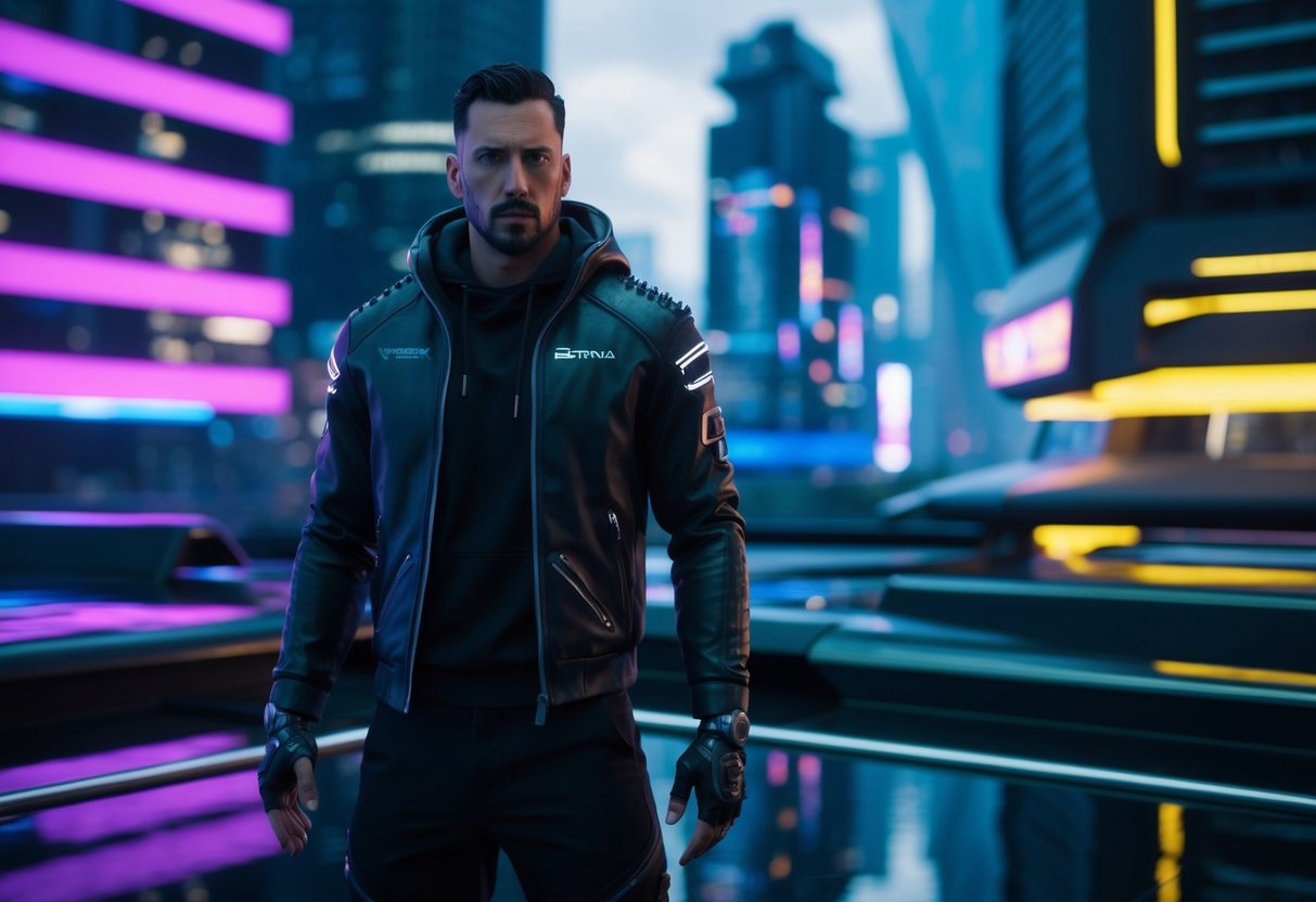 A futuristic cityscape with neon lights and sleek, metallic surfaces showcasing limited edition Cyberpunk 2077 skins by dbrand