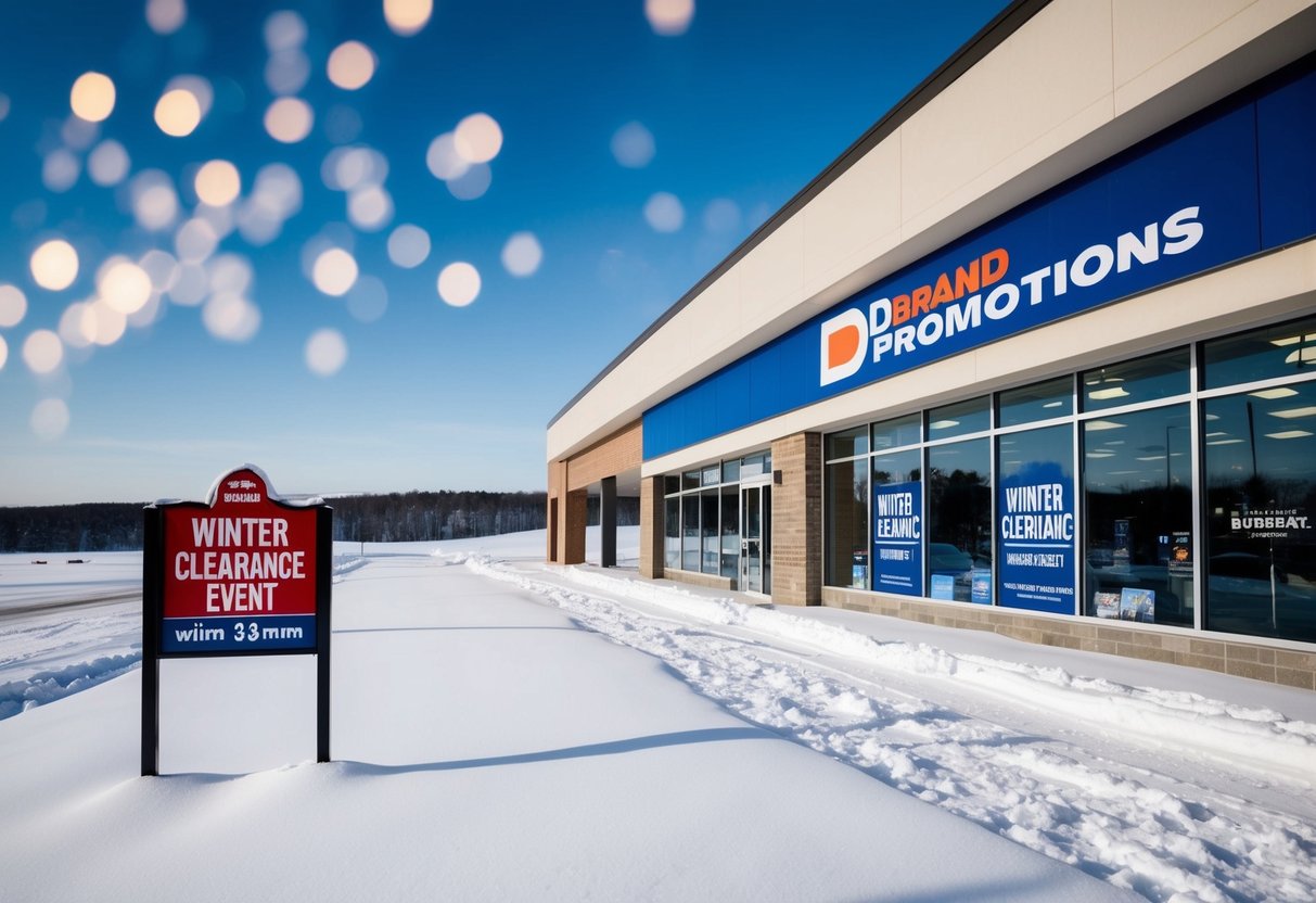A snowy landscape with a store front featuring "Winter Clearance Event" and "dbrand promotions" signage