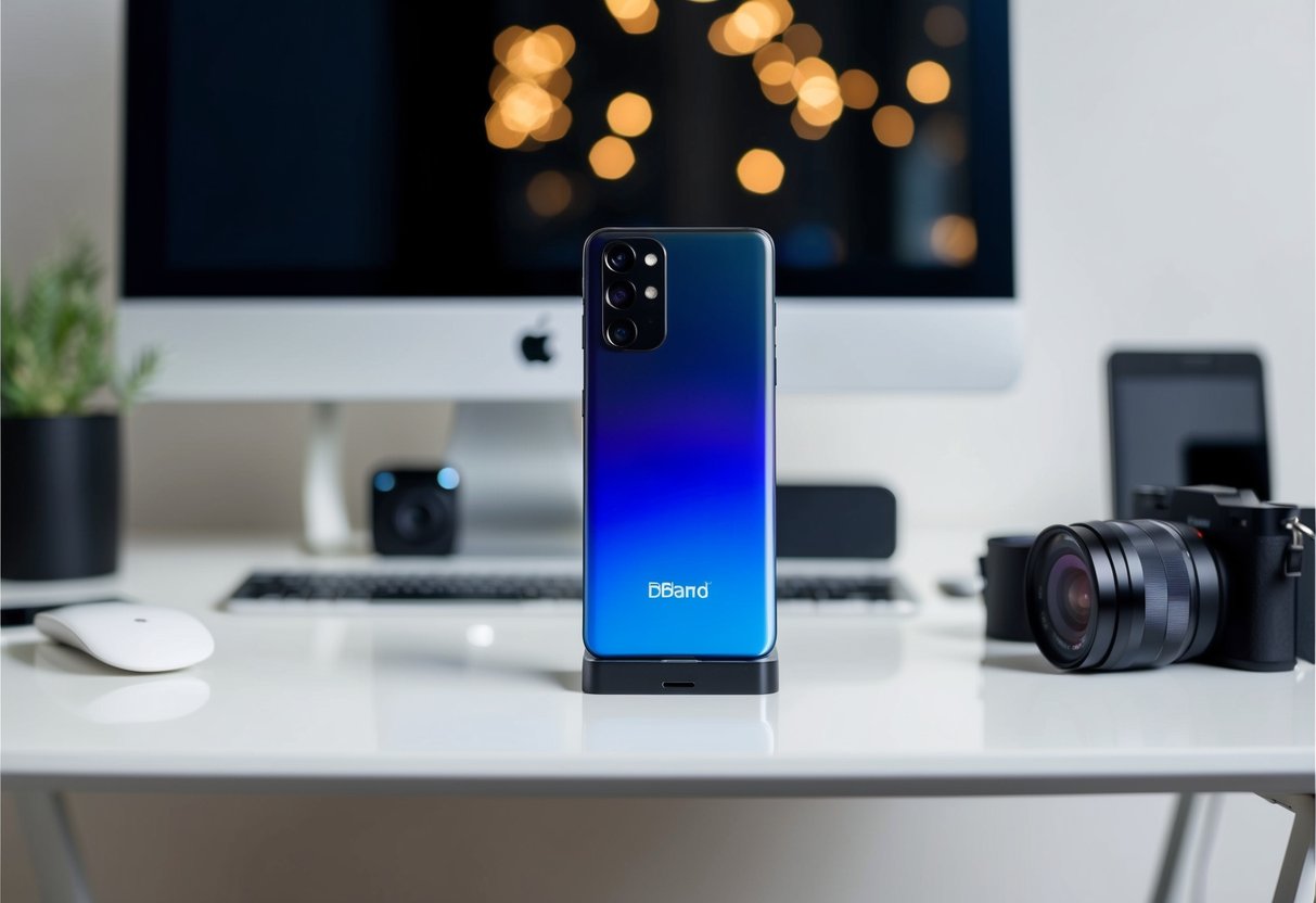A sleek, modern smartphone with a dbrand skin sits on a clean, minimalist desk surrounded by high-quality tech accessories
