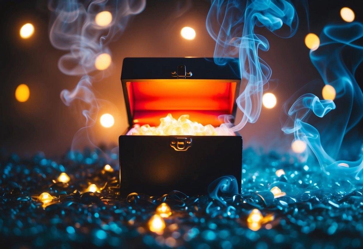 A mysterious box surrounded by glowing lights and swirling smoke