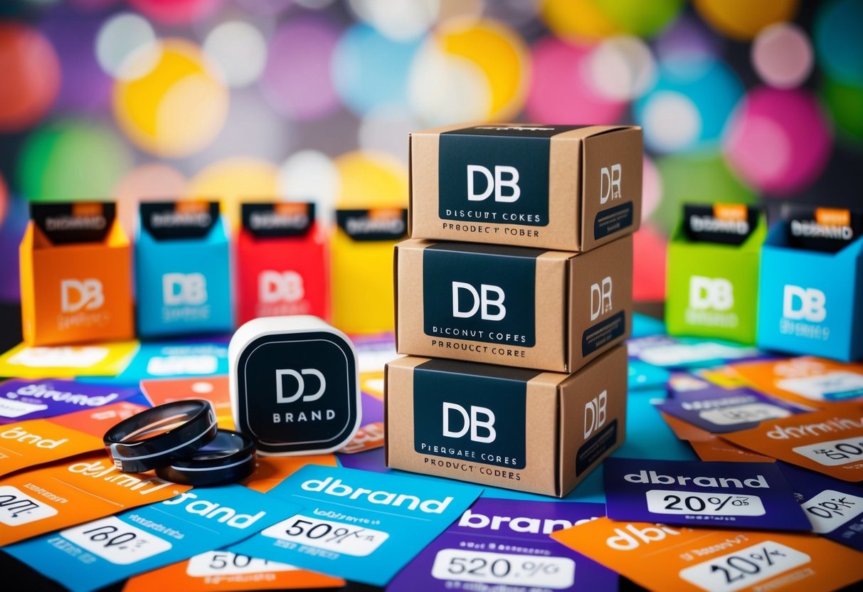 A stack of dbrand product boxes surrounded by colorful promotional materials and discount codes