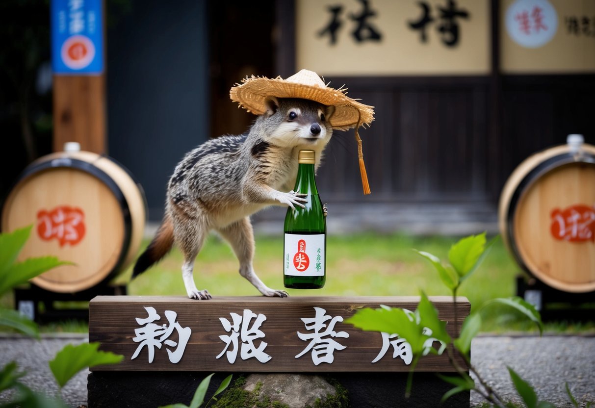 A tanuki stands on a wooden sign, holding a sake bottle and wearing a straw hat. Leaves and sake barrels surround the scene