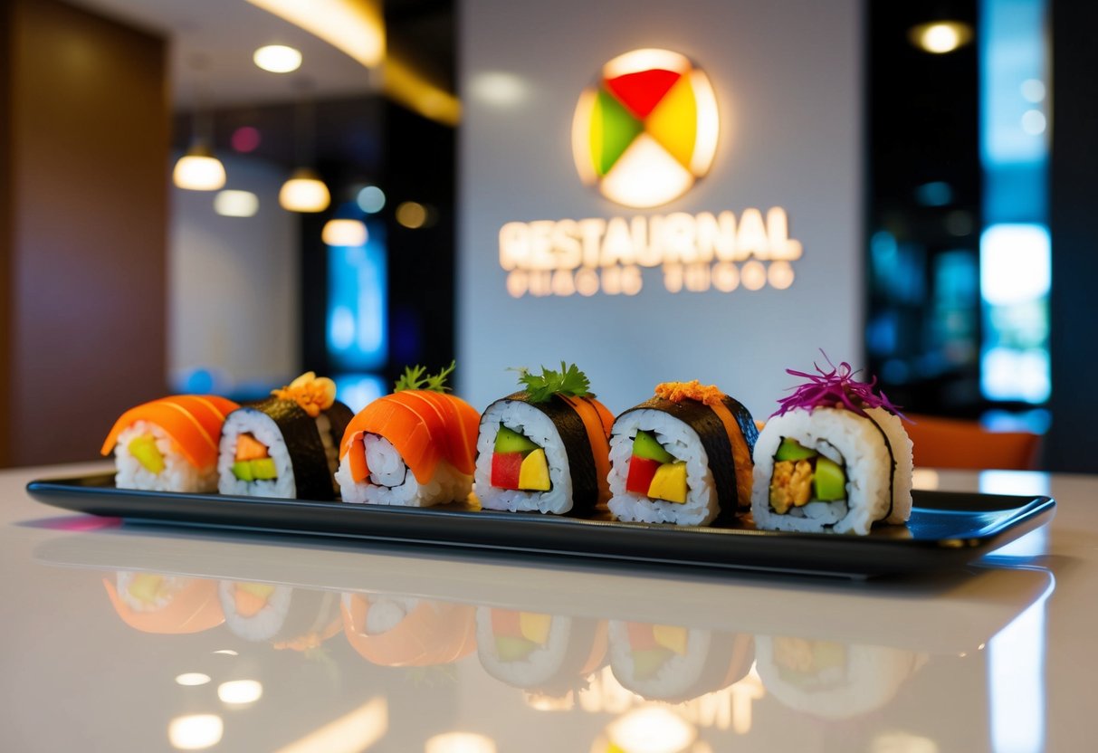 Colorful sushi rolls displayed on a sleek, modern table with vibrant ingredients and artistic plating. The restaurant's logo is visible in the background