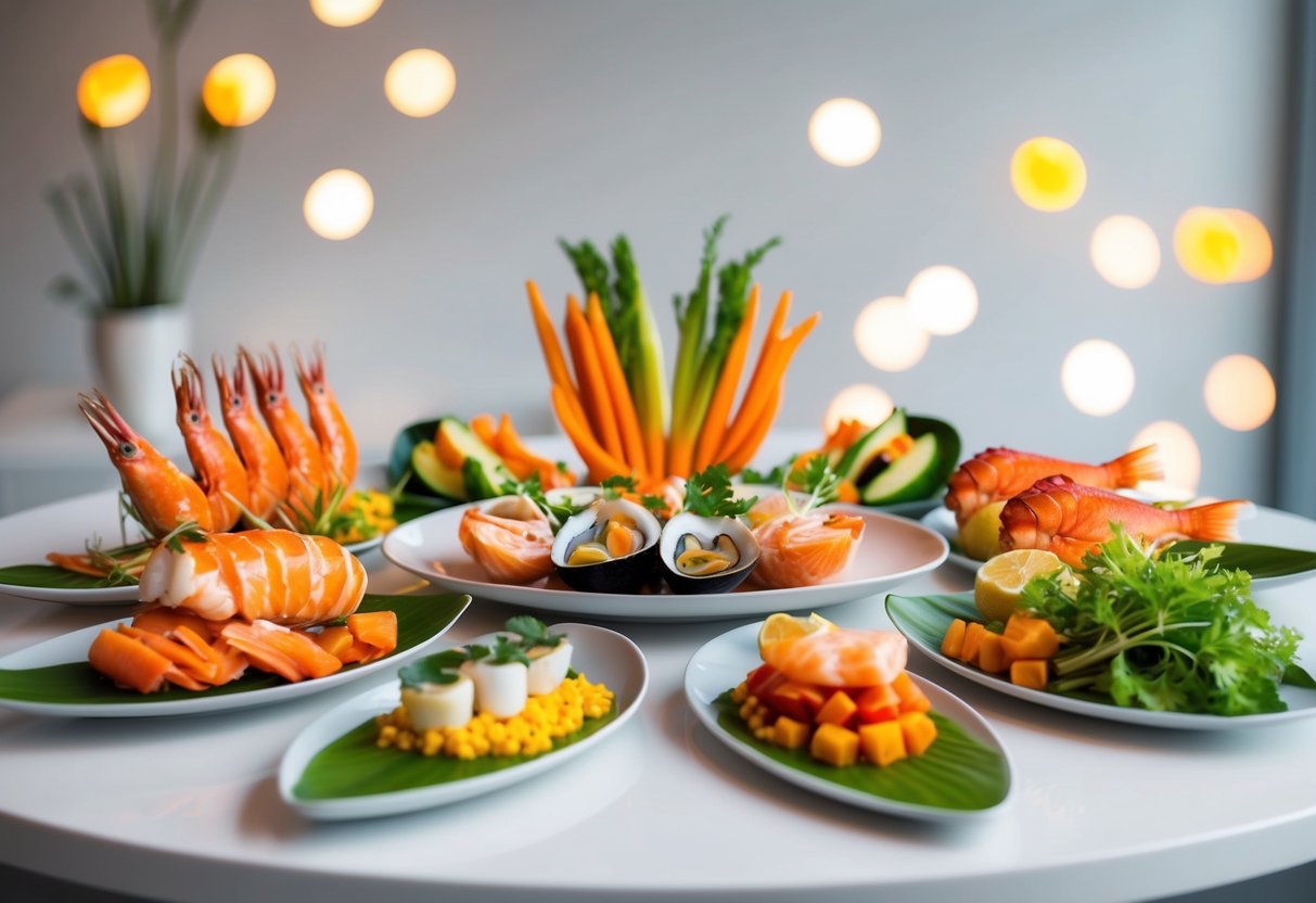 A colorful array of fresh seafood, vibrant vegetables, and artistic plating in a modern, minimalist setting