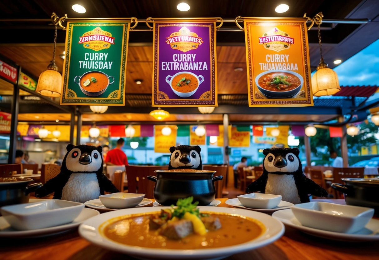 A bustling restaurant with colorful banners, steaming curry pots, and playful tanuki mascots promoting Curry Thursday Extravaganza
