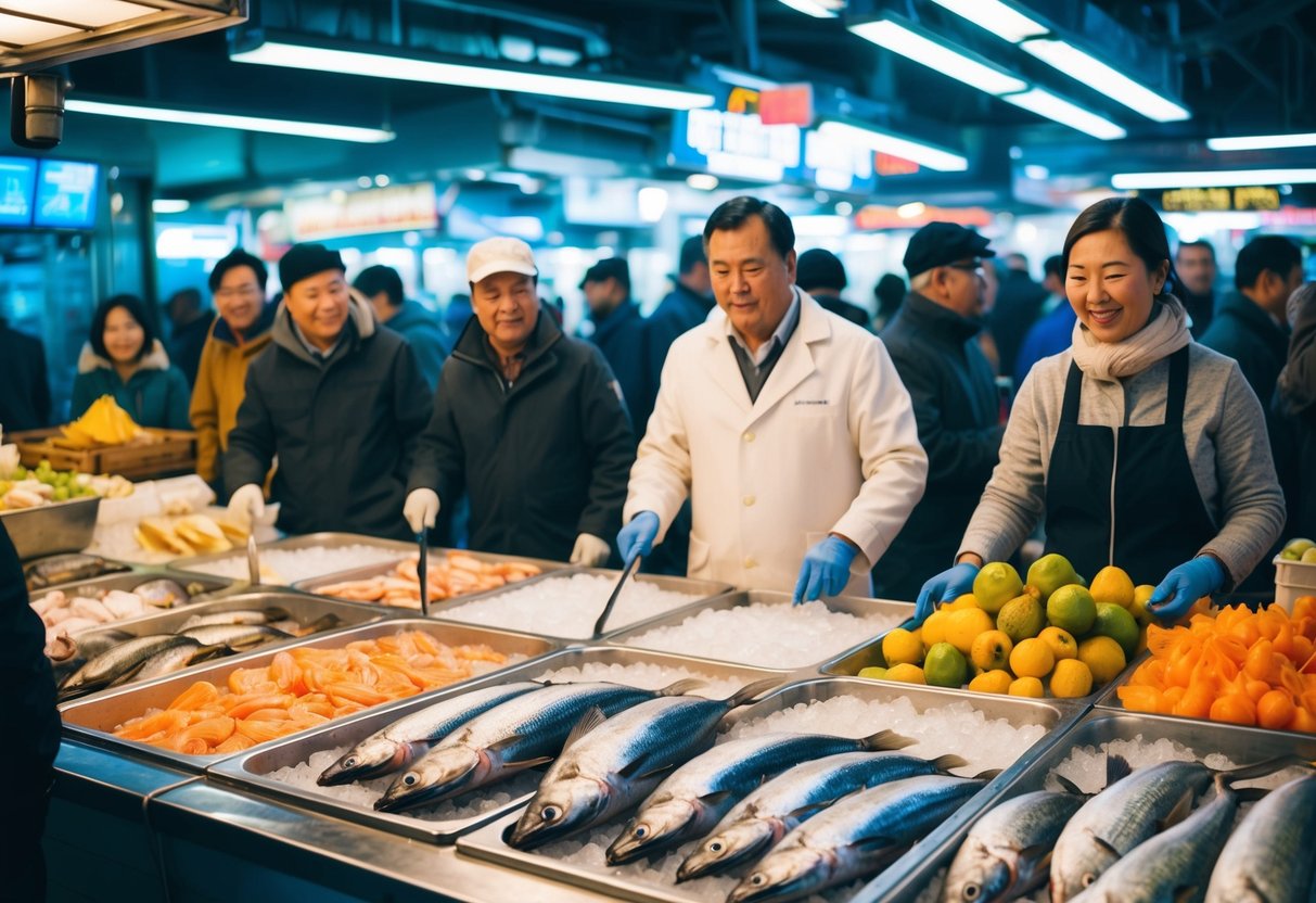 A bustling seafood market with fresh catches displayed on ice, surrounded by eager customers and a lively atmosphere