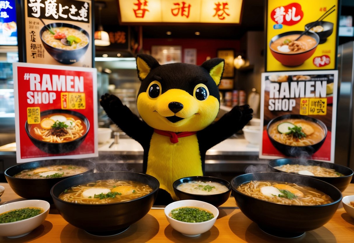 A bustling ramen shop with a playful tanuki mascot, surrounded by tantalizing bowls of steaming ramen and promotional posters