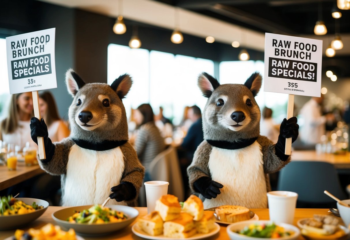 A bustling brunch event with tanuki mascots promoting raw food specials