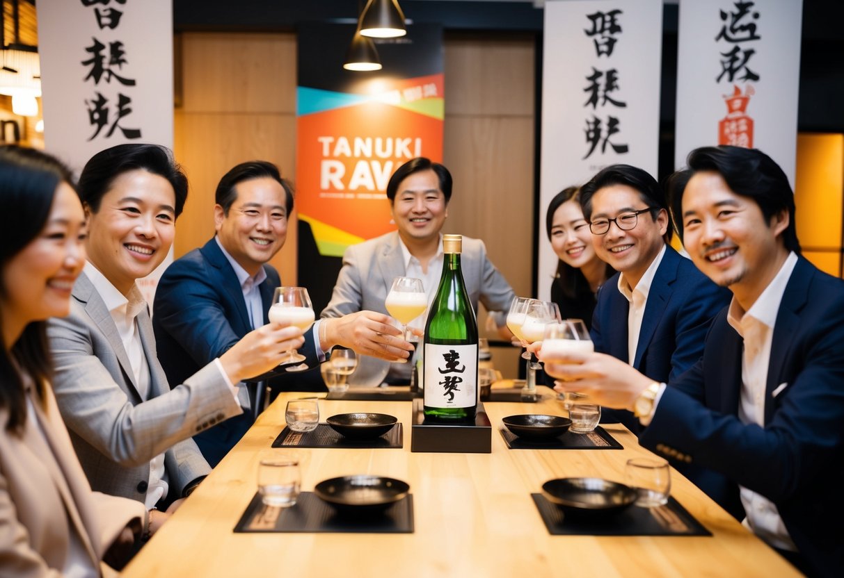 A lively sake tasting event at Tanuki Raw with promotional banners and cheerful patrons