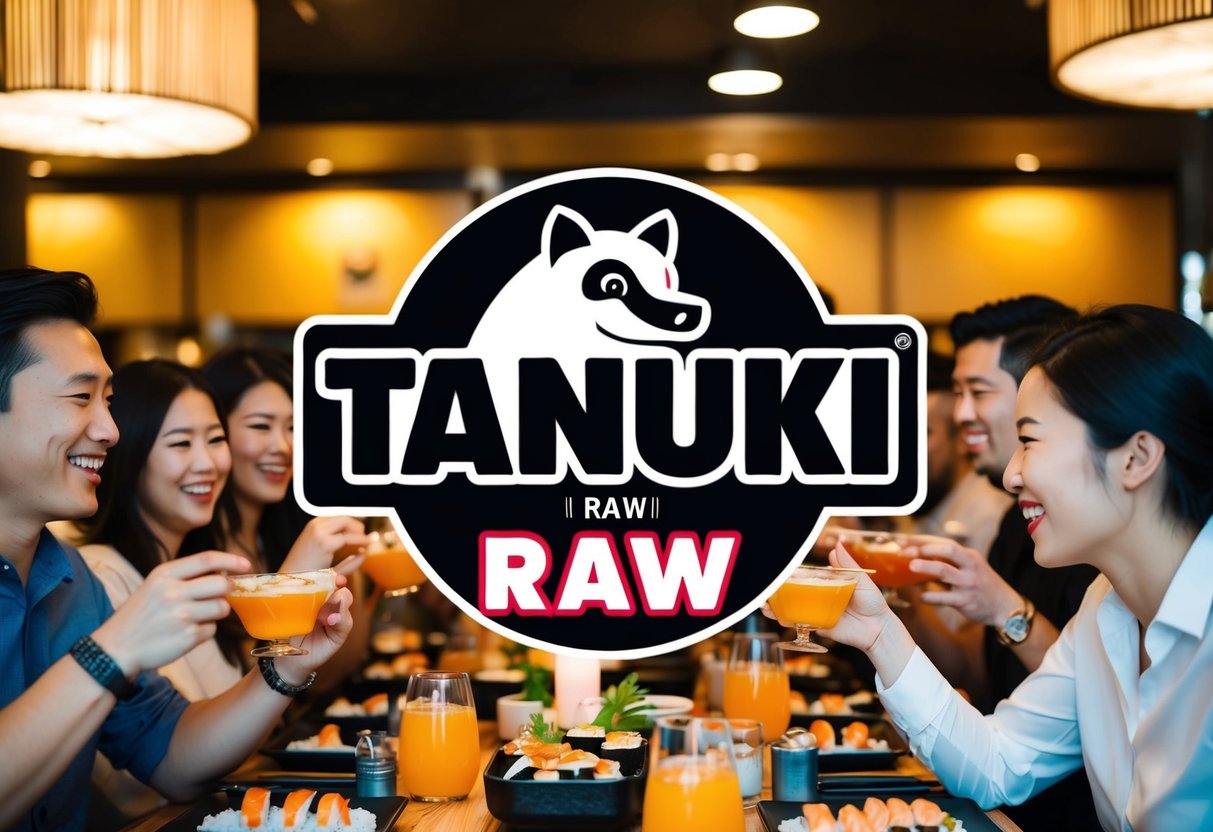 A lively restaurant scene with a Tanuki Raw logo prominently displayed, surrounded by happy diners enjoying sushi and drinks