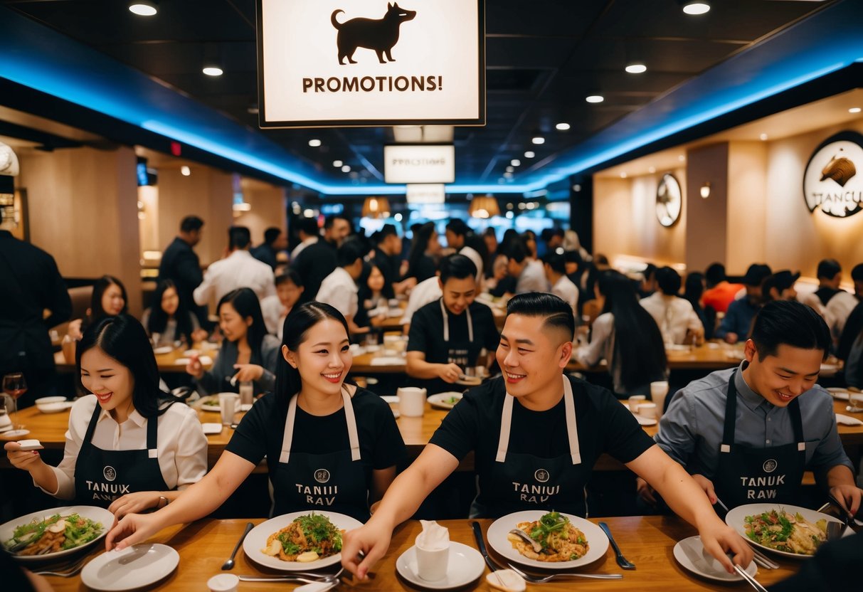 A crowded restaurant with a "Promotions" sign, happy customers enjoying their meals, and staff serving dishes with the Tanuki Raw logo
