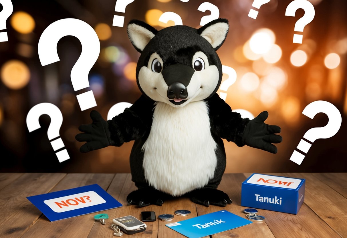 A tanuki mascot surrounded by question marks and promotional items