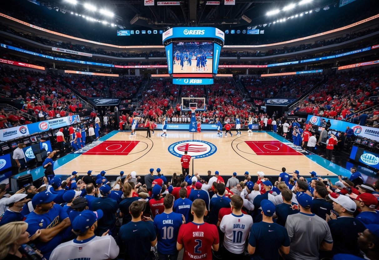 A crowded sports arena with banners, logos, and promotional materials displayed around the court. Fans and players interacting with branded merchandise