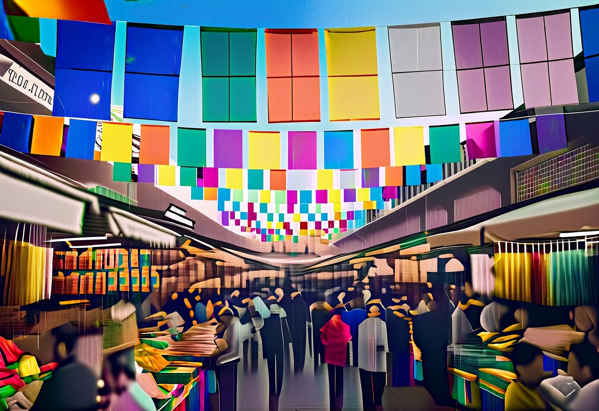 Colorful banners hang over a crowded market square, with vendors displaying discounted goods