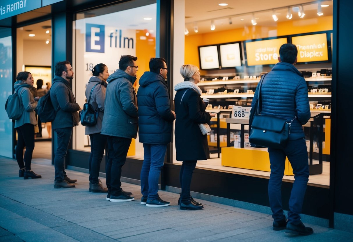 A line of eager customers waits outside a store, peering through the glass at enticing promotional displays