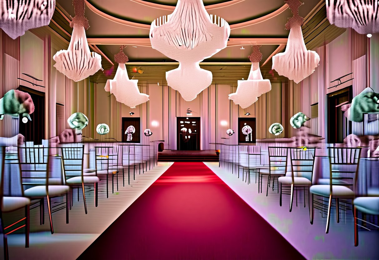 A grand ballroom filled with elegant decorations and sparkling chandeliers, with a red carpet leading to a grand entrance