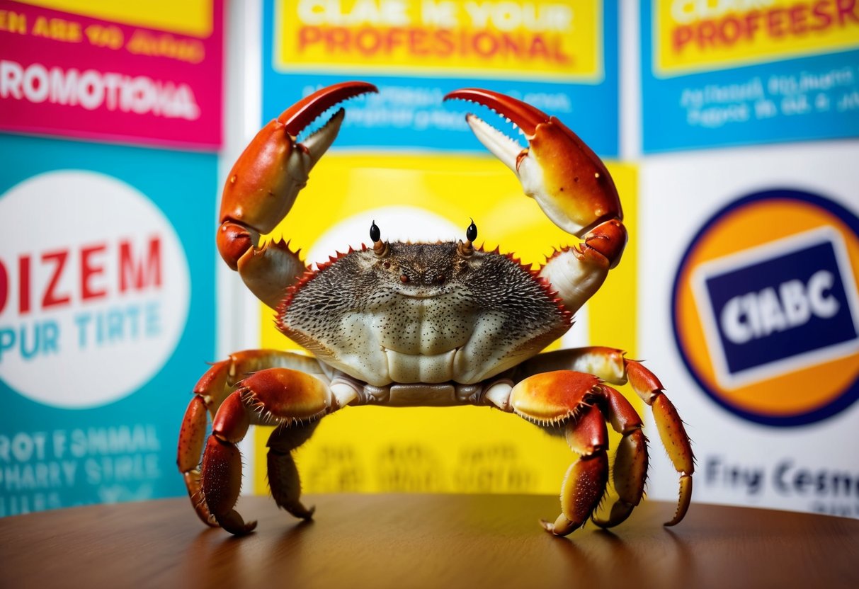 A hairy crab with claws raised, surrounded by vibrant promotional banners and signs