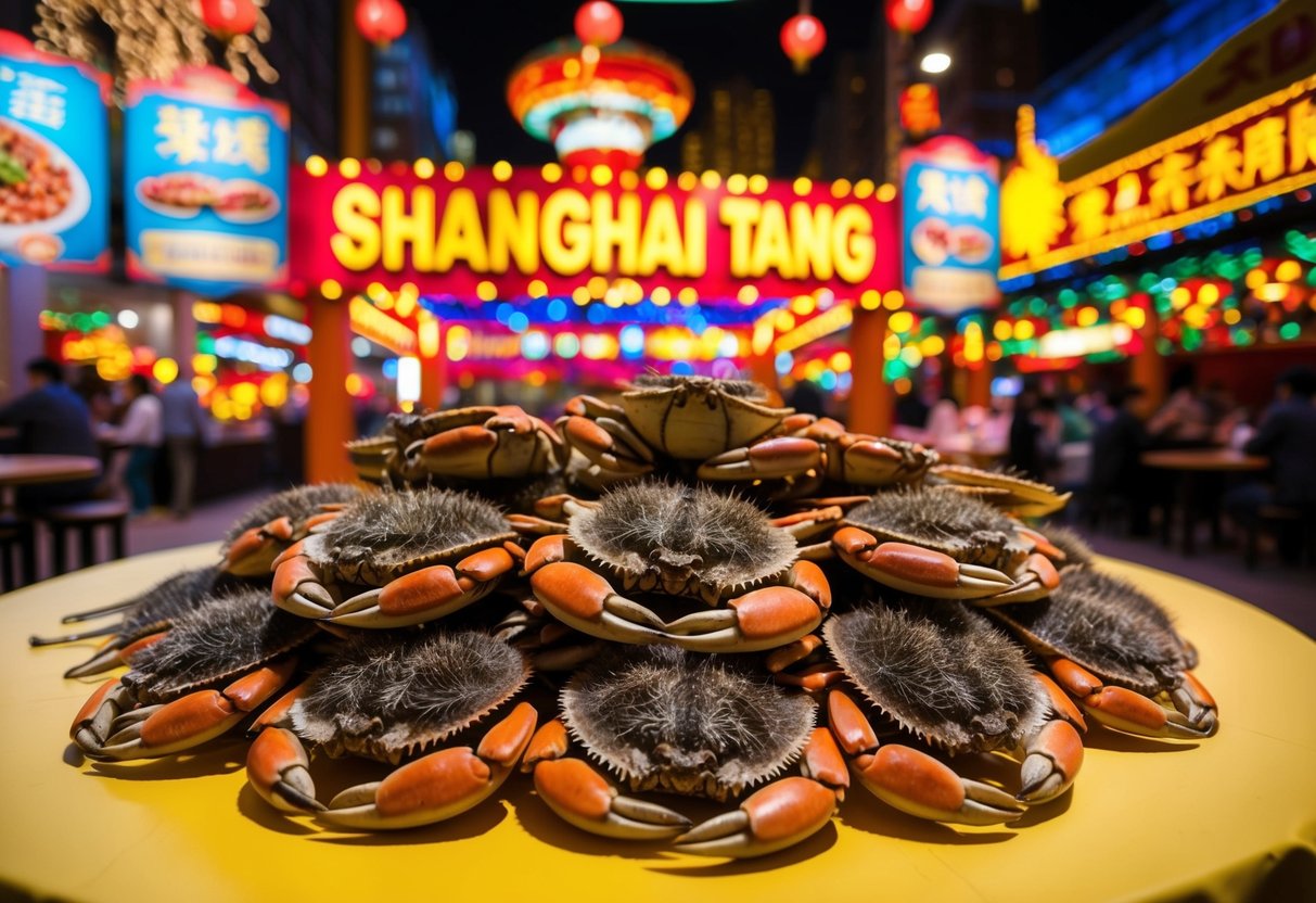 A table adorned with hairy crabs, surrounded by vibrant Shanghai Tang décor, with promotional signage and festive lighting