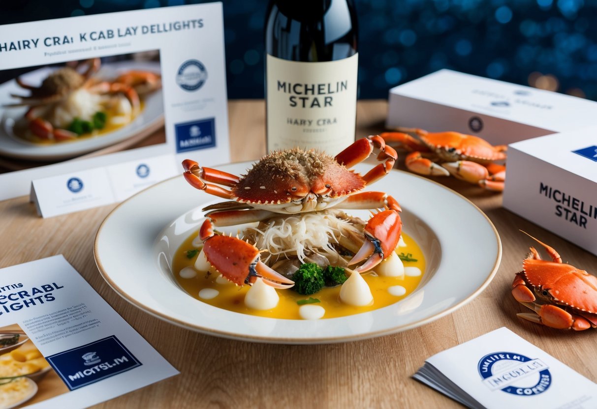 A gourmet dish of Michelin Star Hairy Crab Delights, surrounded by promotional materials and fresh crab