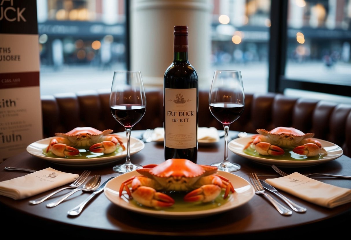 A table set with crab and claret at The Fat Duck, with promotional signage and a cozy, elegant atmosphere