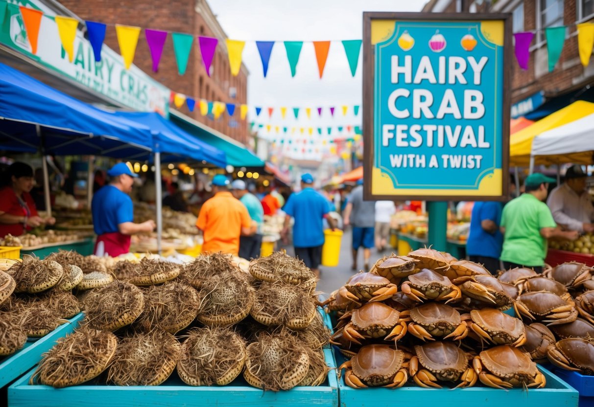 A bustling market with vendors selling hairy crabs and colorful decorations for the festival. A large sign advertises the "Hairy Crab Festival with a Twist" promotions