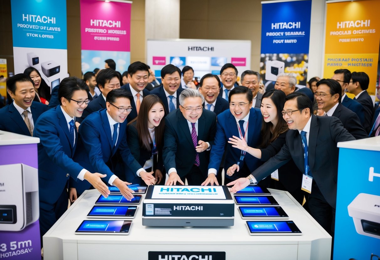 A group of people excitedly gather around a display of Hitachi products, with colorful banners and promotional materials surrounding the area