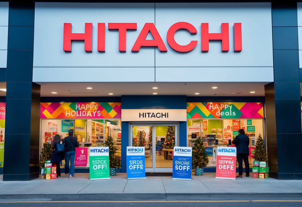 A vibrant storefront with a large Hitachi logo, surrounded by colorful promotional banners and signs, attracting customers with holiday deals