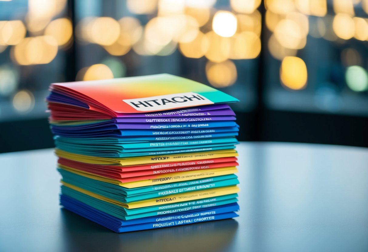 A stack of colorful promotional flyers for Hitachi products, with a bold "Frequently Asked Questions" heading, arranged neatly on a table