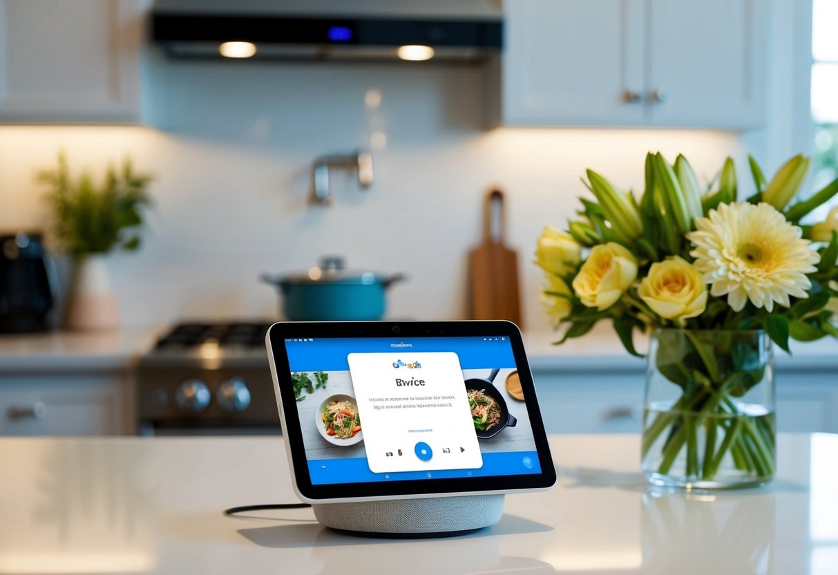 A Google Nest Hub sits on a kitchen counter, displaying a recipe while playing music. The room is well-lit and modern, with a vase of fresh flowers nearby