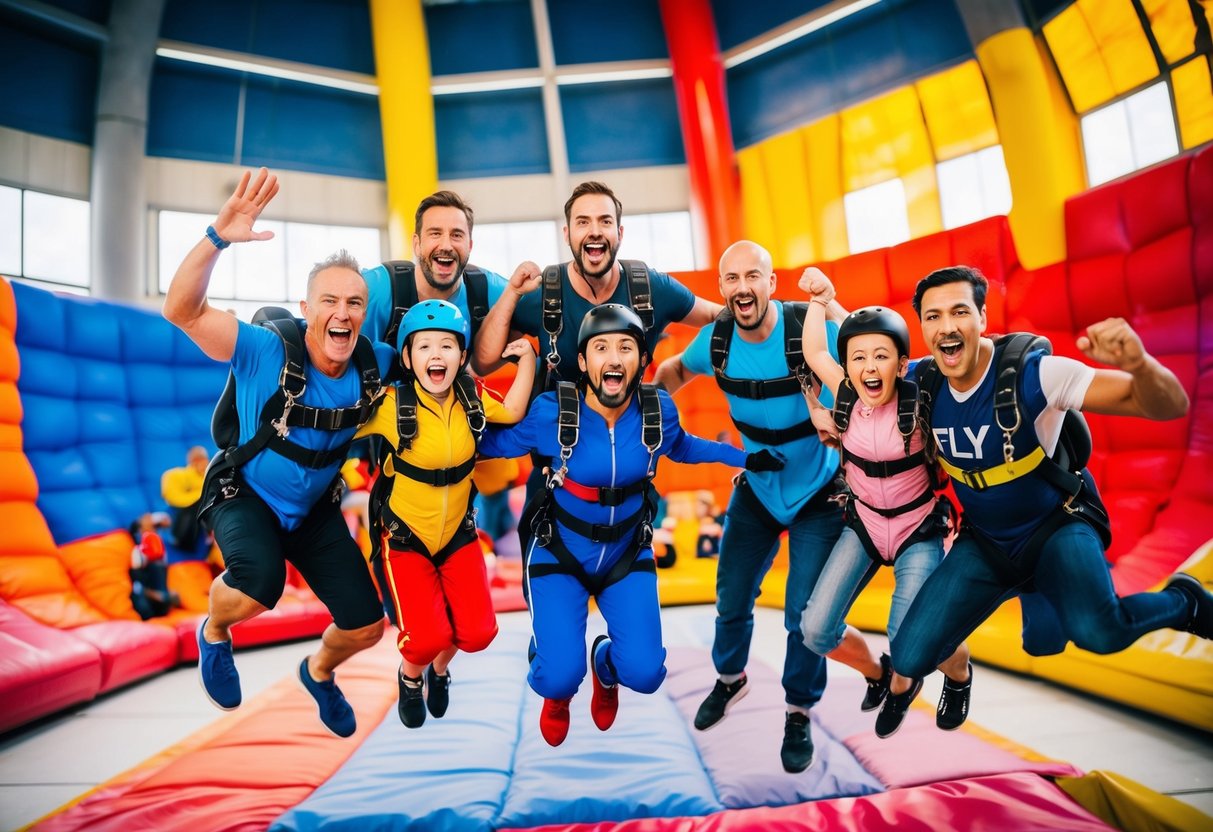 Colorful iFly promotion with excited families, indoor skydiving, and joyful atmosphere