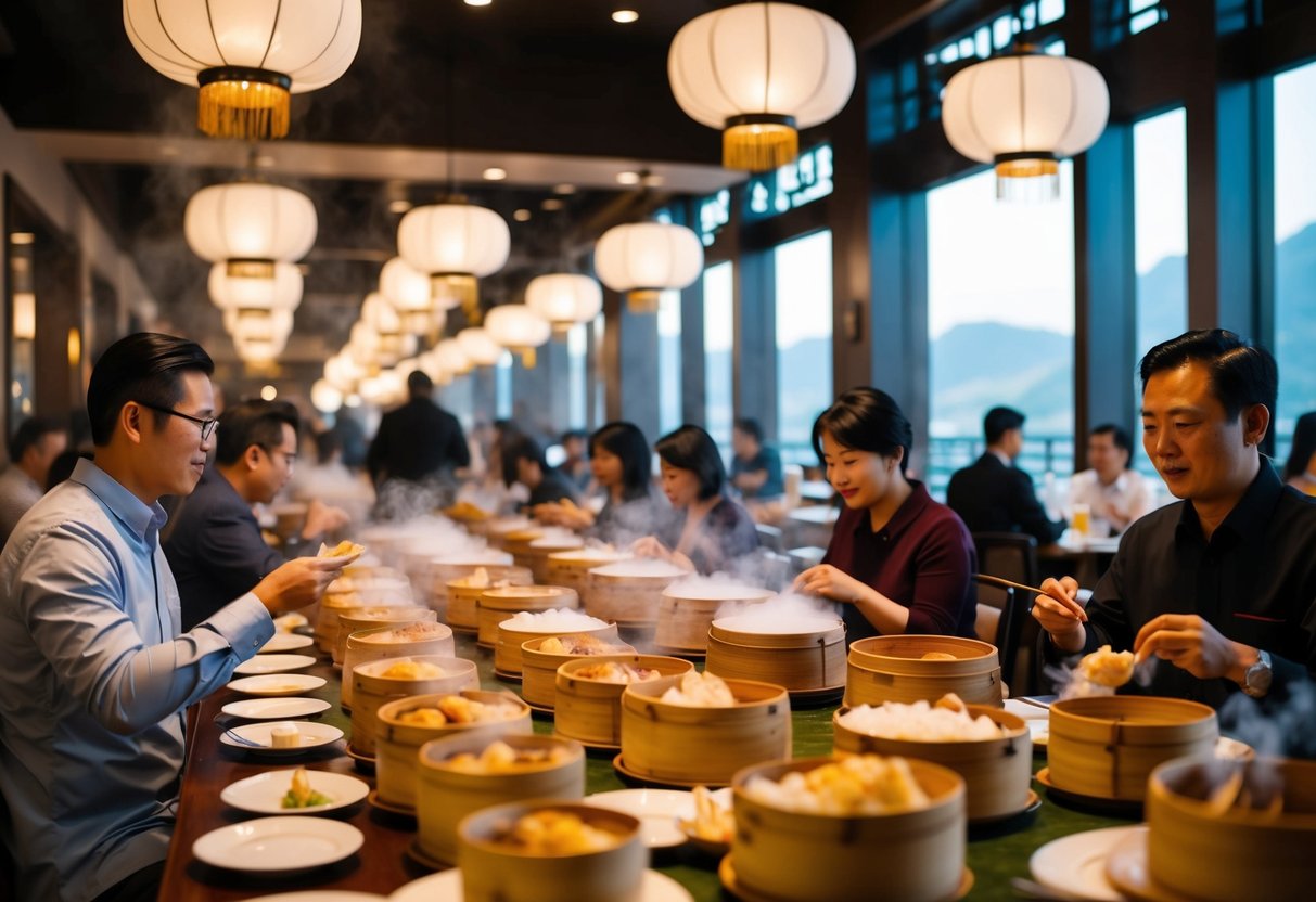 A bustling dim sum restaurant with tables filled with steaming bamboo baskets and patrons enjoying the imperial dim sum promotions
