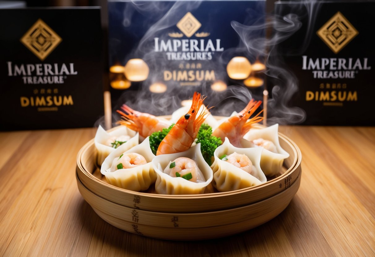 A steaming bamboo basket filled with succulent prawn dumplings, surrounded by the elegant ambiance of Imperial Treasure's dimsum promotions