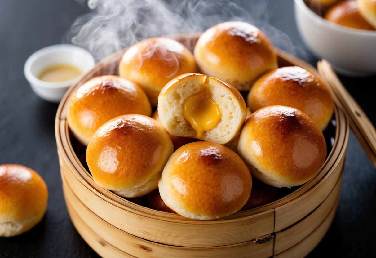 A steaming bamboo basket filled with golden custard buns, one split open to reveal a luscious surprise center