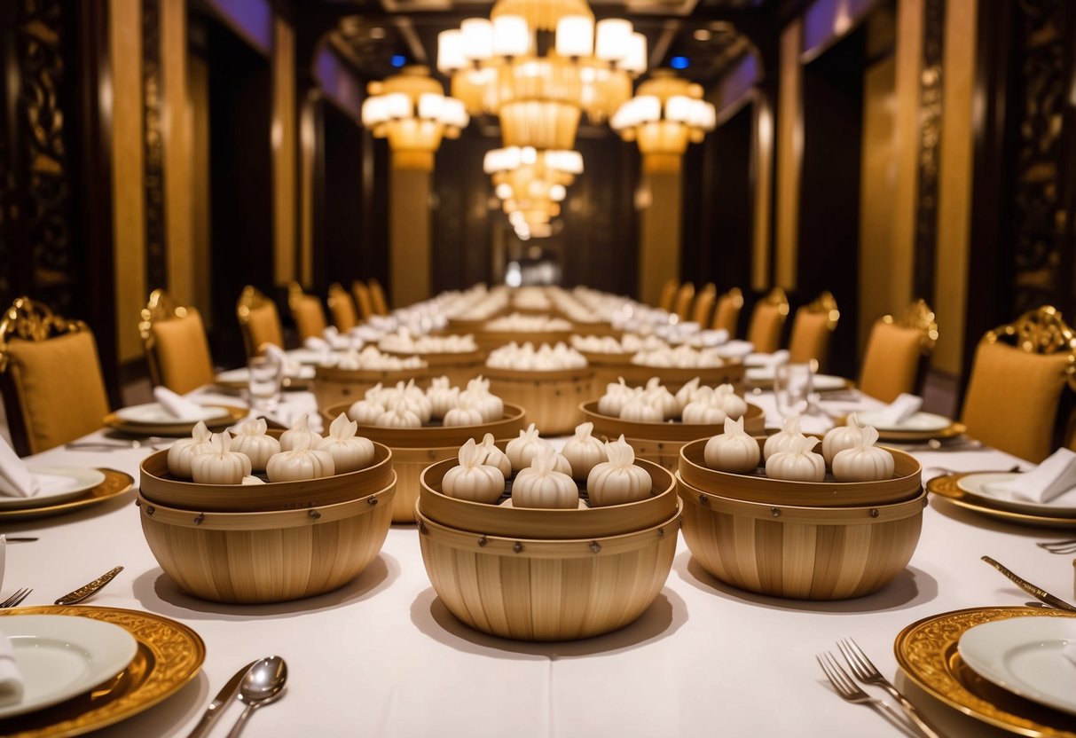 A grand banquet table adorned with steaming bamboo baskets of Xiao Long Bao, surrounded by ornate Chinese decor and elegant dining settings