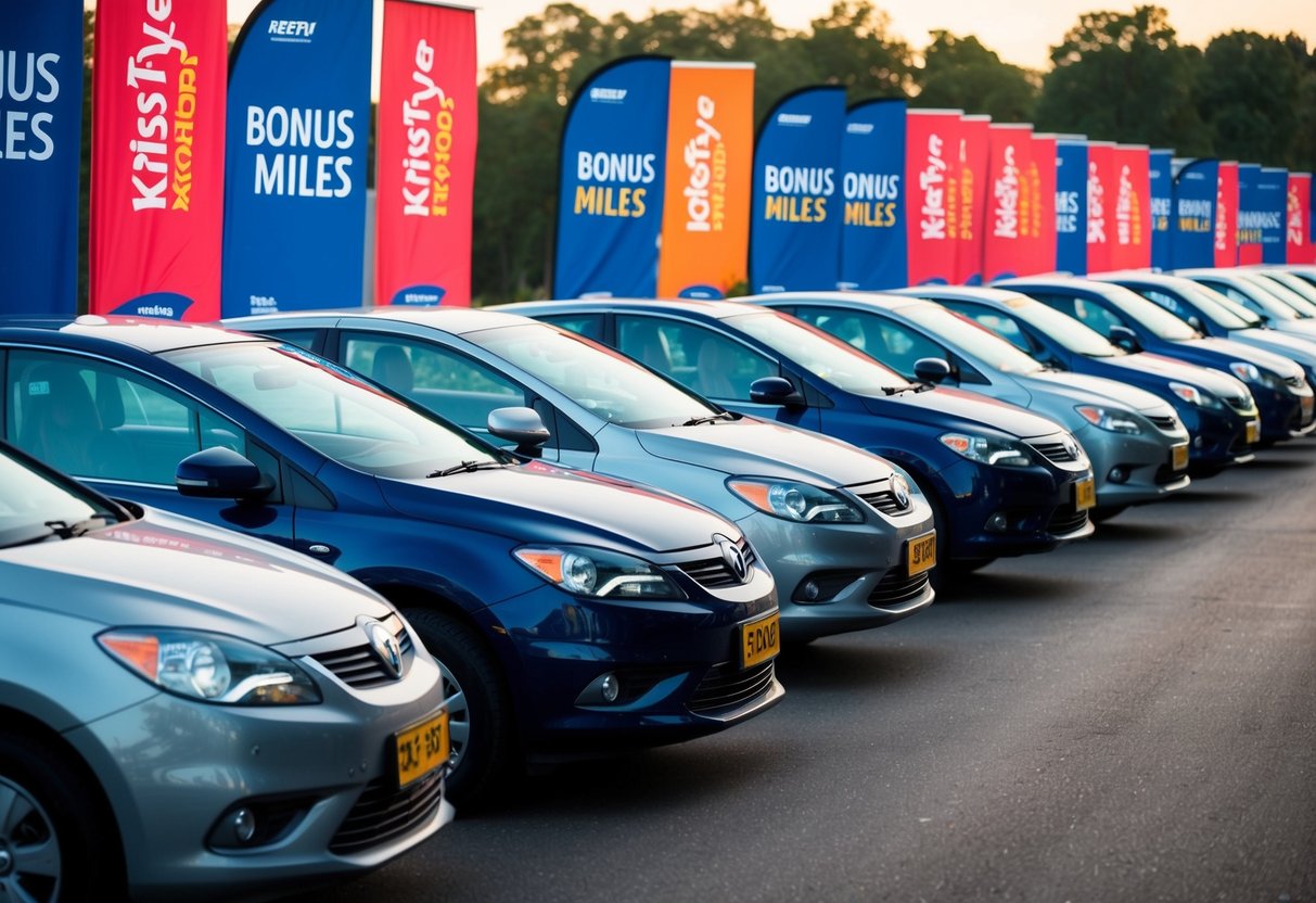 A row of rental cars with "Bonus Miles" signs, surrounded by krisflyer promotional banners