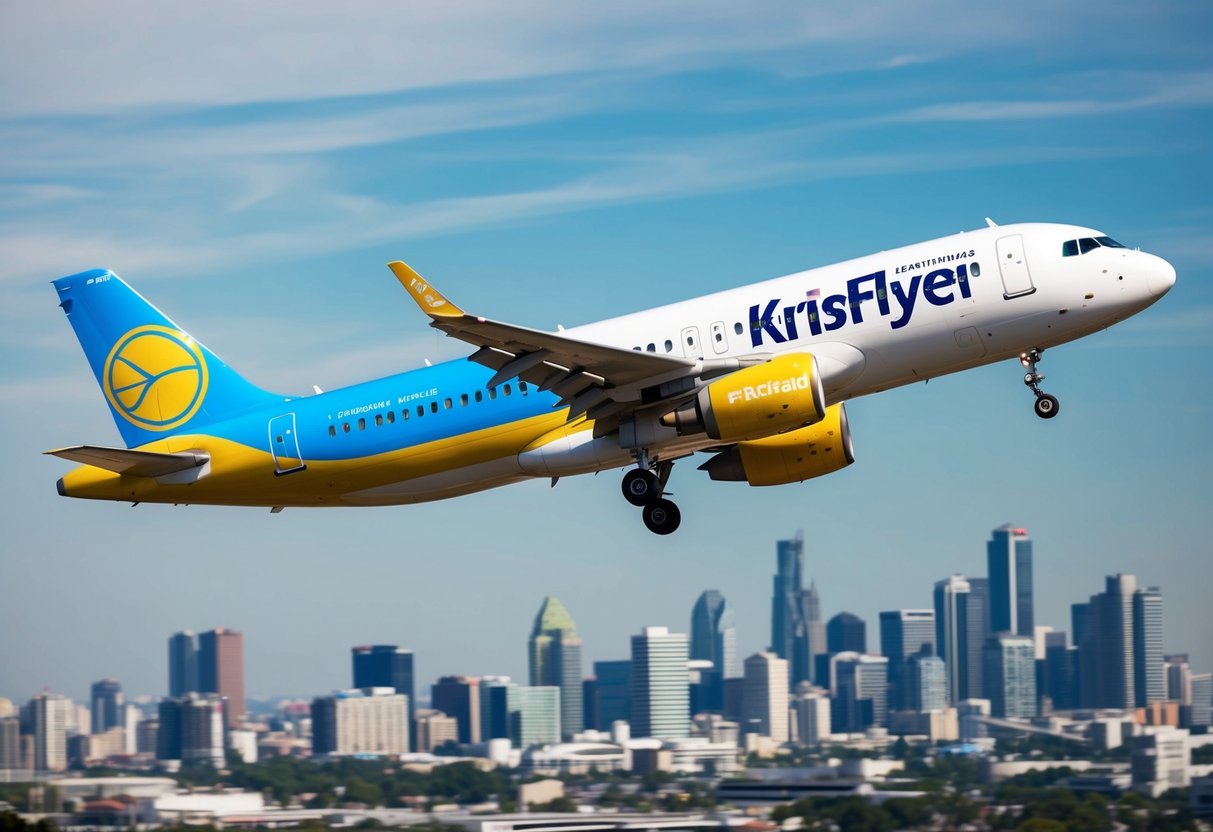 A vibrant airplane flying over a city skyline with a prominent KrisFlyer logo and a banner advertising discounted upgrade rates