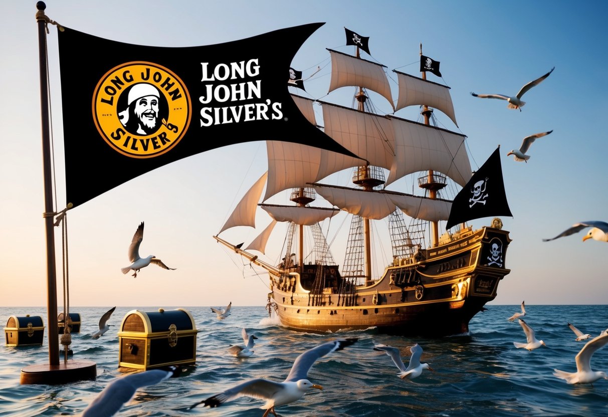 A pirate ship sails under a banner with the Long John Silver's logo, surrounded by treasure chests and seagulls